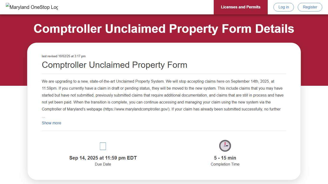 Unclaimed Property Form Maryland OneStop